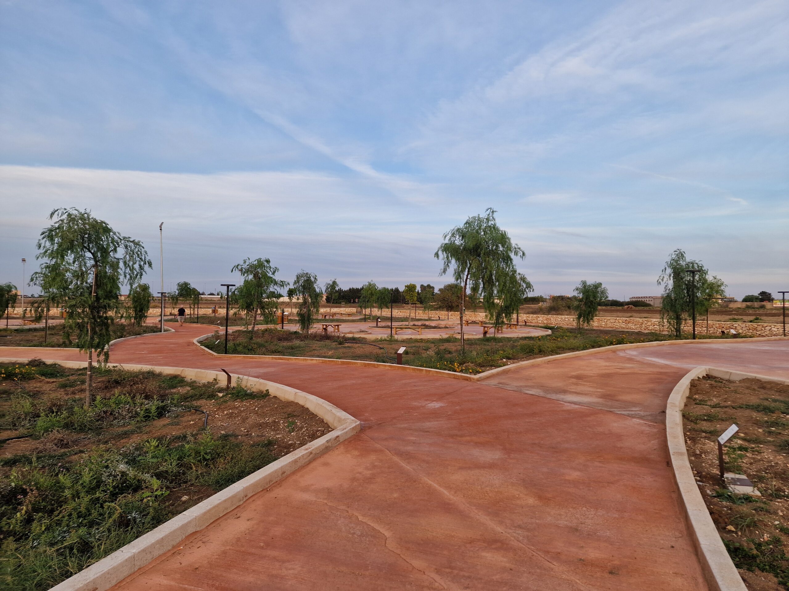 I vialetti del parco tra aiuole e giovani alberi